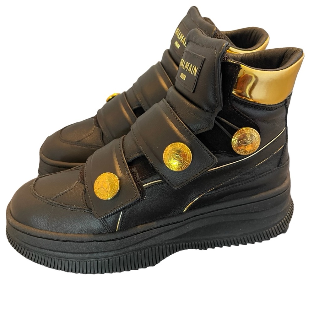 Authentic Balmain x Puma black leather high top sneaker. Perfect Biker boot